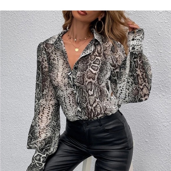 Snakeskin Print Cuffed Long Sleeve Sheer Top Blouse Button Down Shirt - Picture 9 of 12